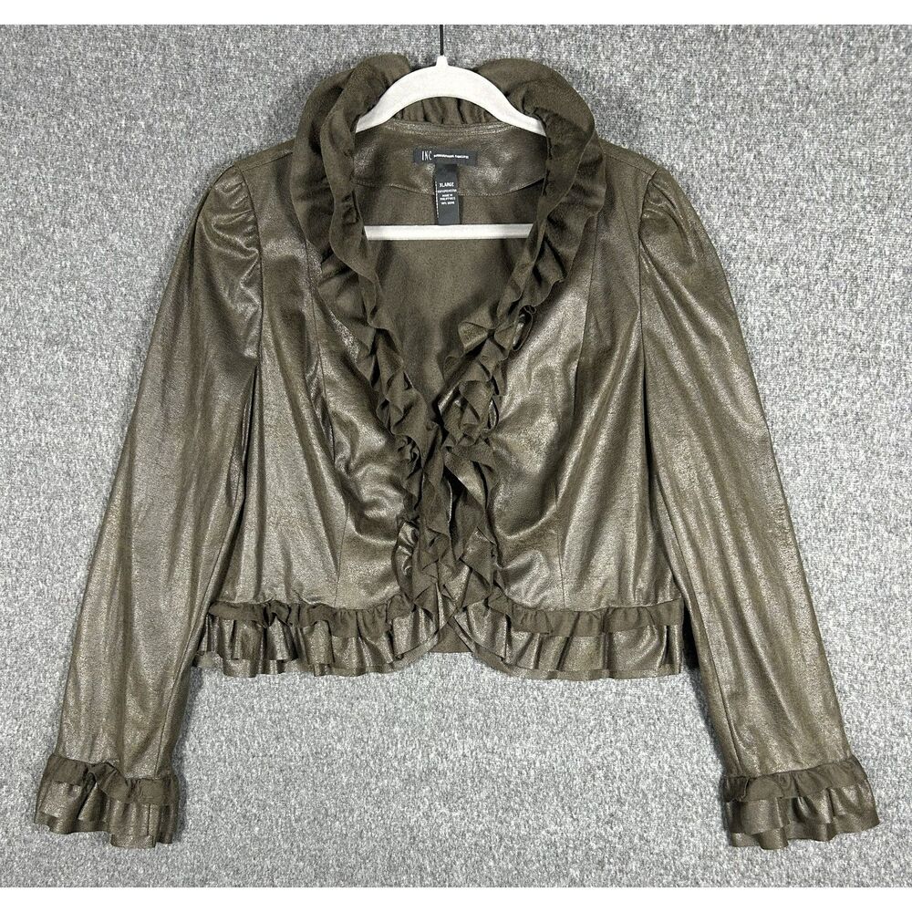 INC International Concepts Ruffled Faux Leather Open Front Jacket XL Brown/Green